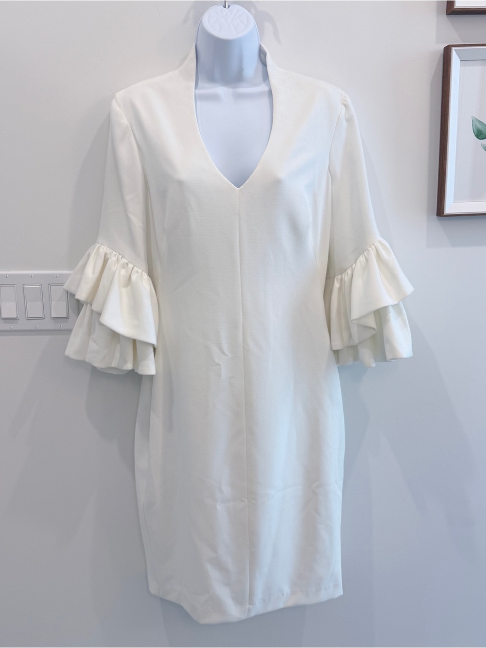 Black Halo Ivory V-Neck Ruffle Sleeve Mini Dress